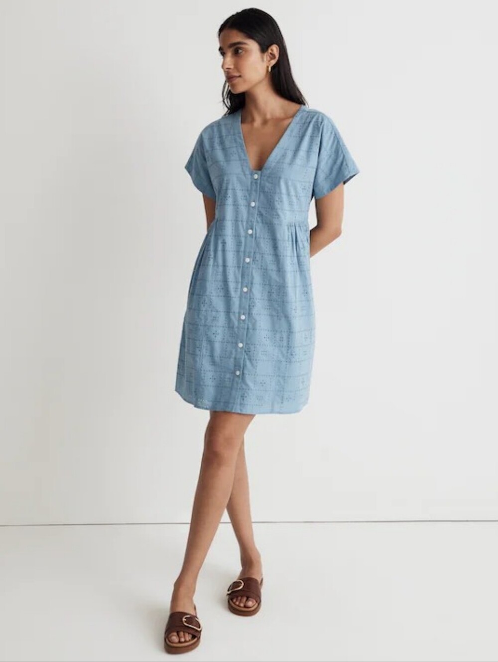 Madewell Blue Eyelet Button-Front V-Neck Mini Dress Boho Cottagecore Size M